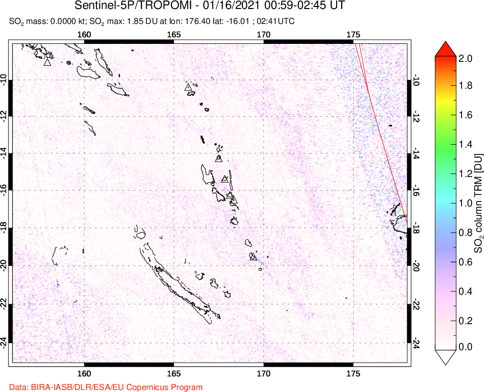 A sulfur dioxide image over Vanuatu, South Pacific on Jan 16, 2021.