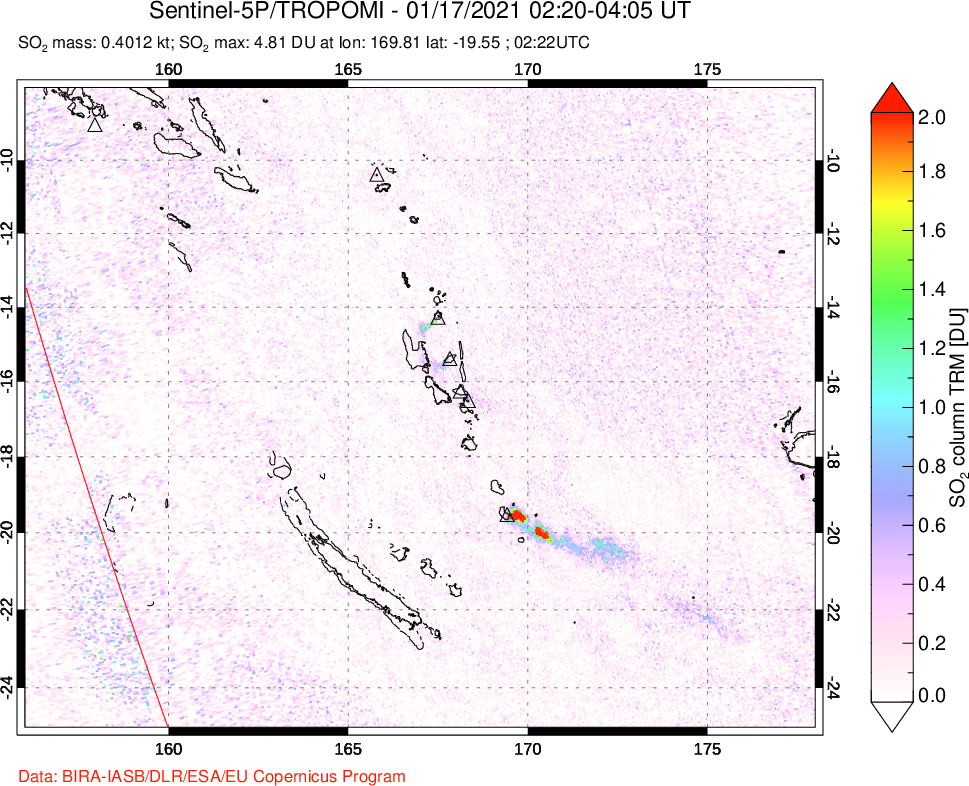 A sulfur dioxide image over Vanuatu, South Pacific on Jan 17, 2021.