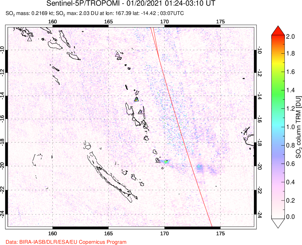 A sulfur dioxide image over Vanuatu, South Pacific on Jan 20, 2021.