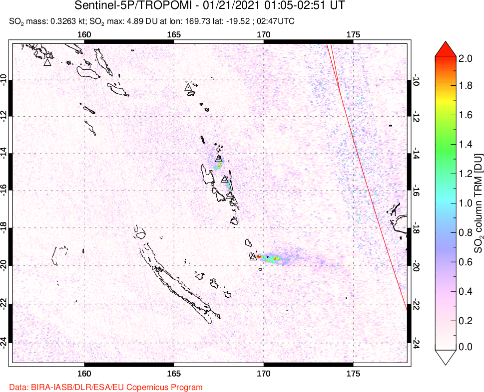 A sulfur dioxide image over Vanuatu, South Pacific on Jan 21, 2021.