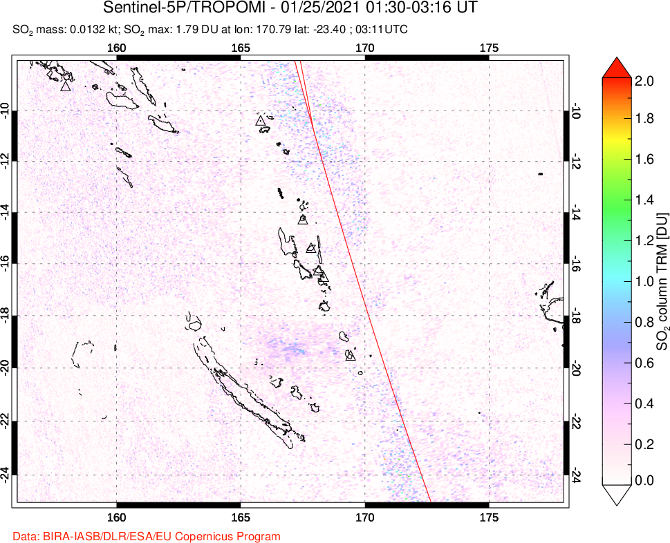 A sulfur dioxide image over Vanuatu, South Pacific on Jan 25, 2021.