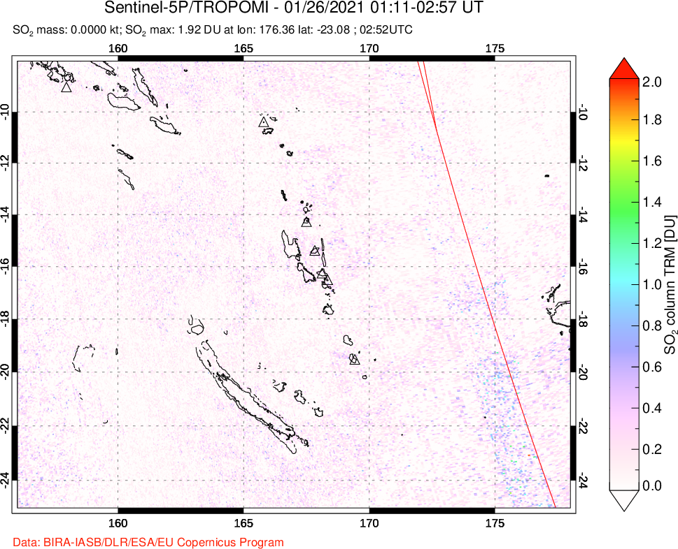 A sulfur dioxide image over Vanuatu, South Pacific on Jan 26, 2021.