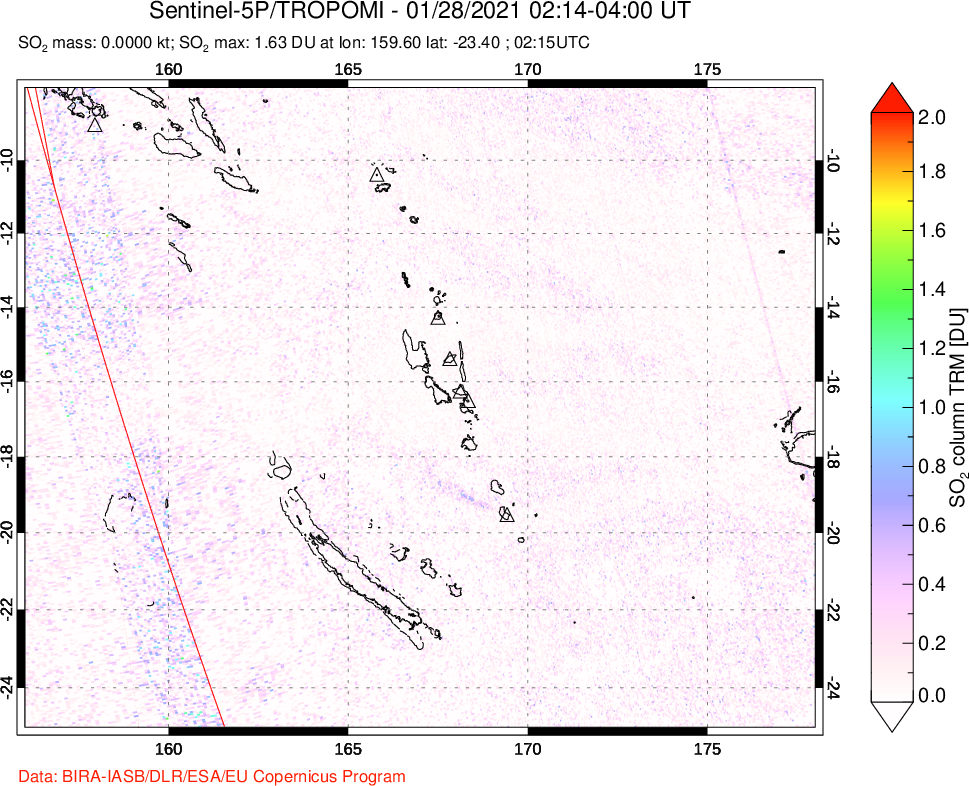 A sulfur dioxide image over Vanuatu, South Pacific on Jan 28, 2021.