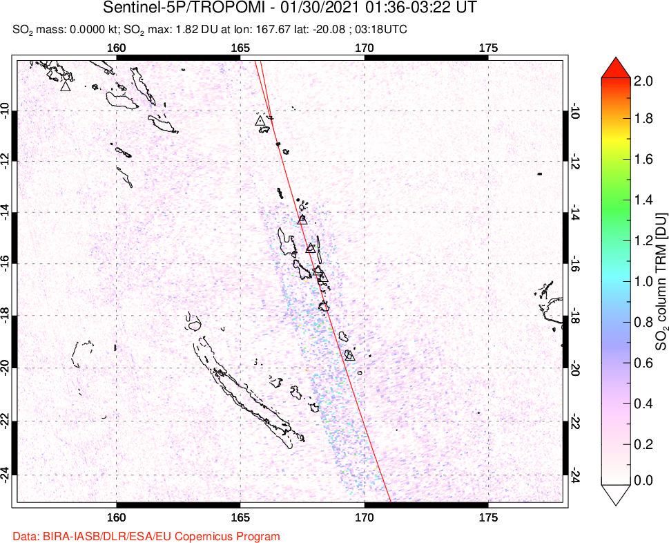 A sulfur dioxide image over Vanuatu, South Pacific on Jan 30, 2021.