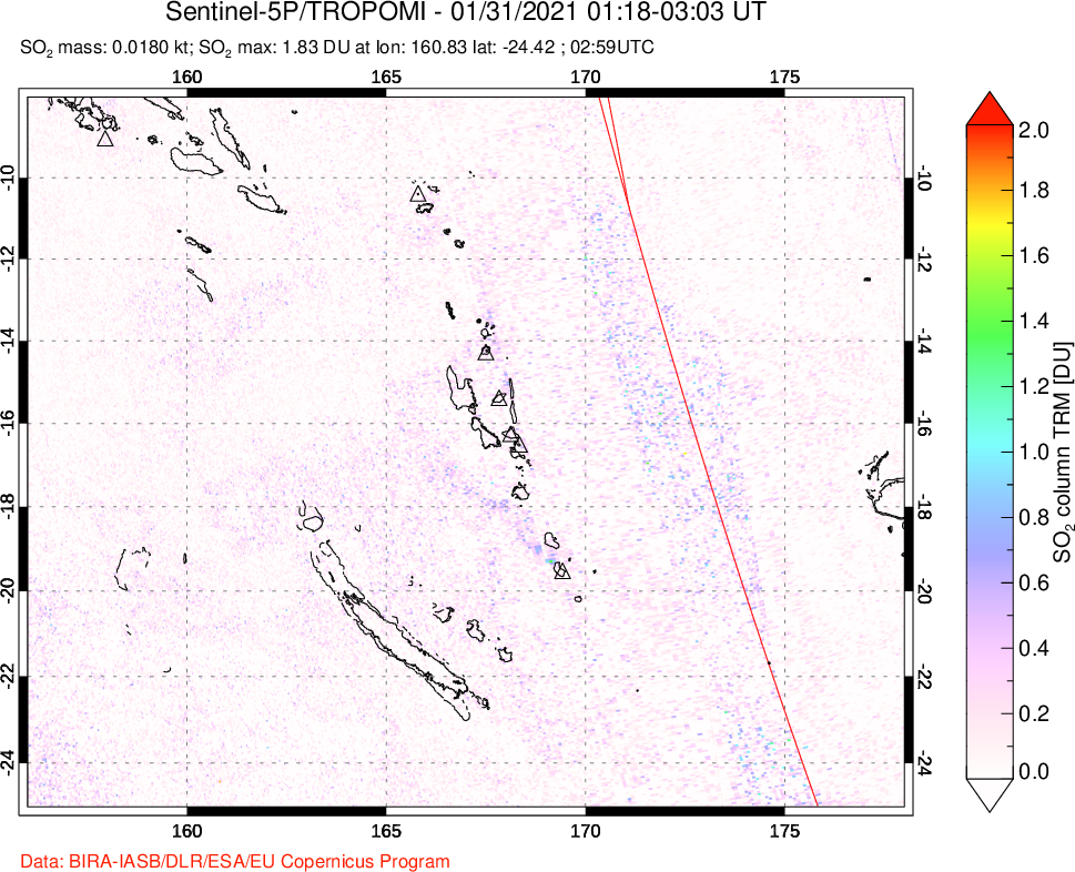 A sulfur dioxide image over Vanuatu, South Pacific on Jan 31, 2021.