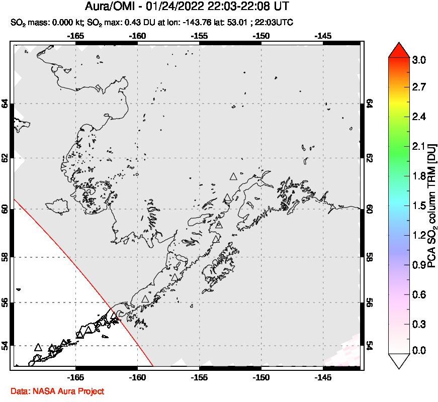 A sulfur dioxide image over Alaska, USA on Jan 24, 2022.