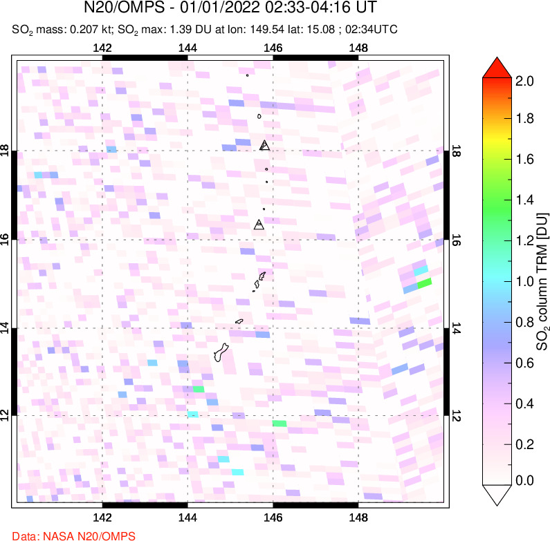 A sulfur dioxide image over Anatahan, Mariana Islands on Jan 01, 2022.