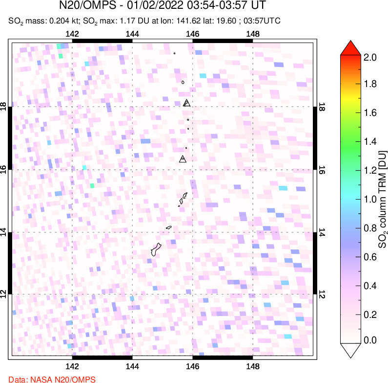 A sulfur dioxide image over Anatahan, Mariana Islands on Jan 02, 2022.