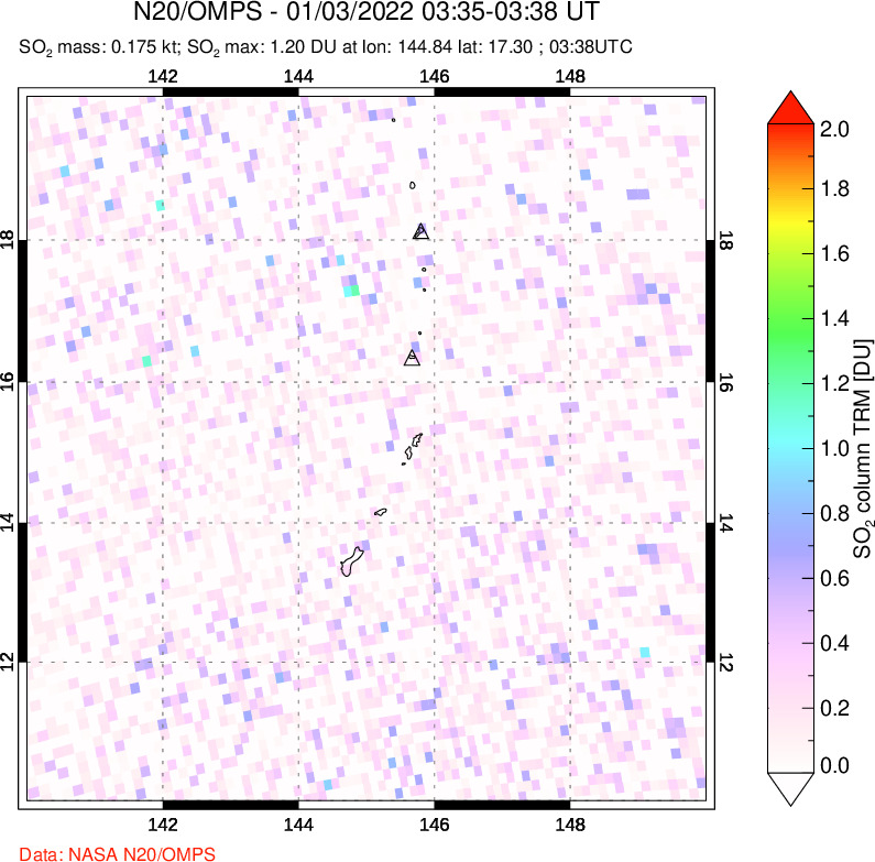 A sulfur dioxide image over Anatahan, Mariana Islands on Jan 03, 2022.