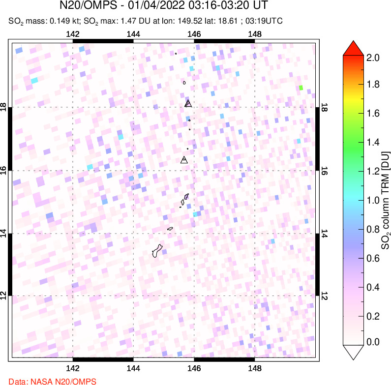 A sulfur dioxide image over Anatahan, Mariana Islands on Jan 04, 2022.