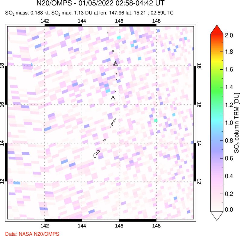 A sulfur dioxide image over Anatahan, Mariana Islands on Jan 05, 2022.