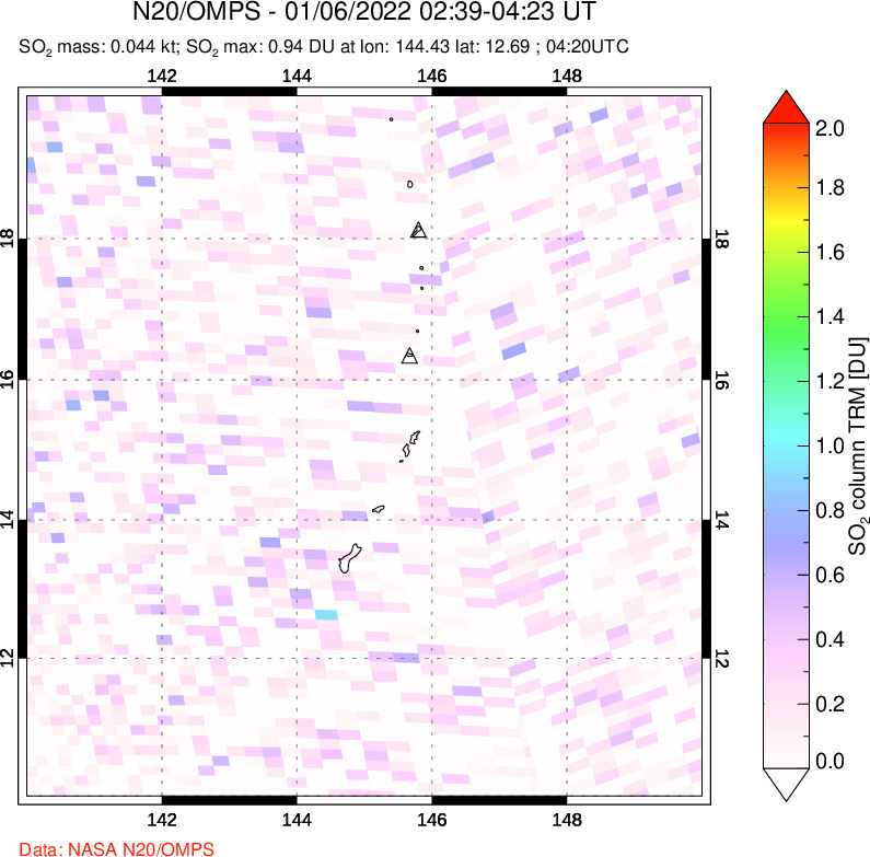 A sulfur dioxide image over Anatahan, Mariana Islands on Jan 06, 2022.