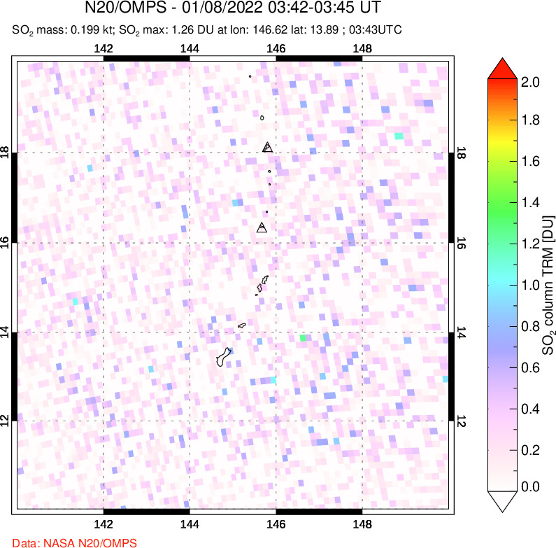 A sulfur dioxide image over Anatahan, Mariana Islands on Jan 08, 2022.