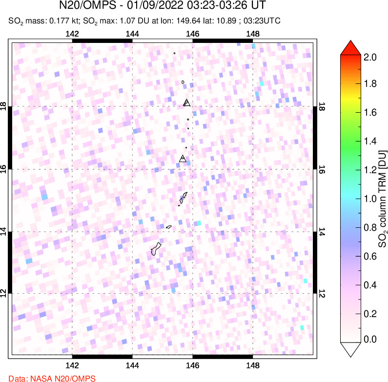 A sulfur dioxide image over Anatahan, Mariana Islands on Jan 09, 2022.