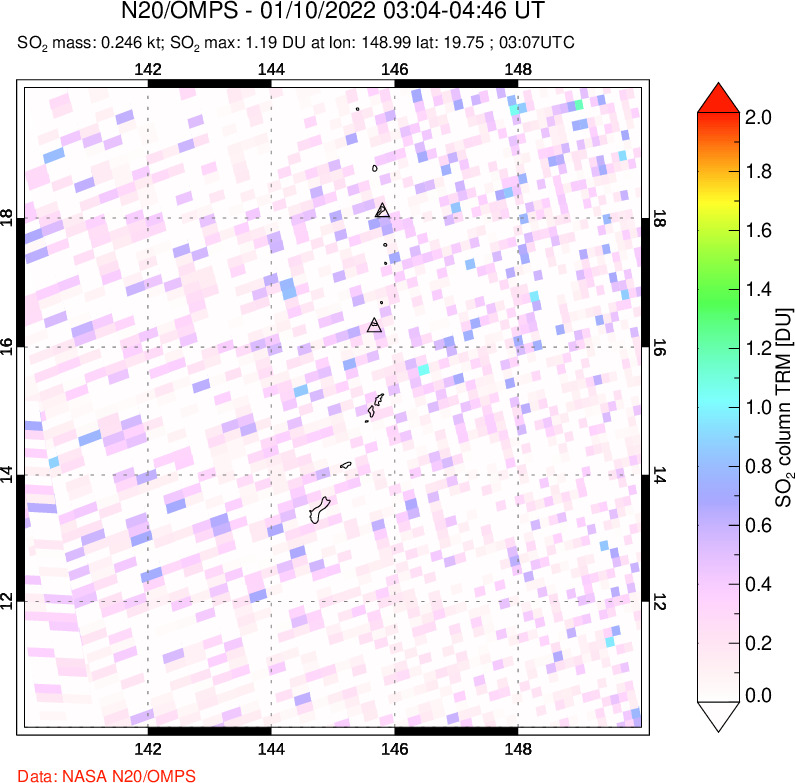 A sulfur dioxide image over Anatahan, Mariana Islands on Jan 10, 2022.