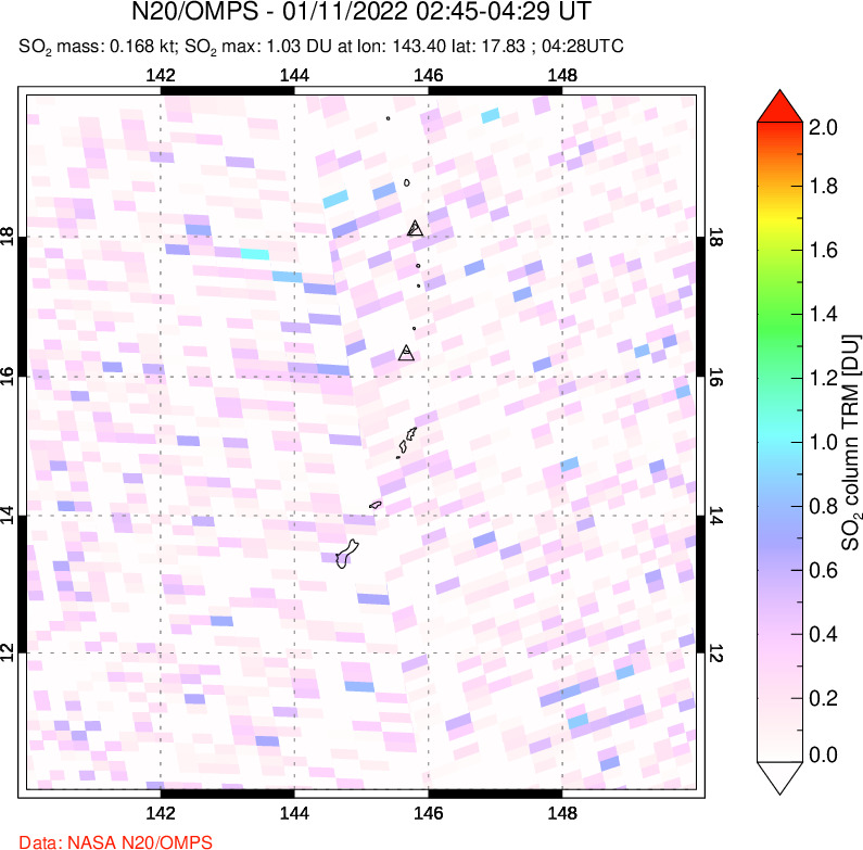 A sulfur dioxide image over Anatahan, Mariana Islands on Jan 11, 2022.