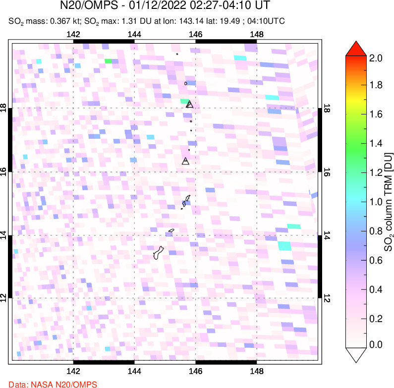 A sulfur dioxide image over Anatahan, Mariana Islands on Jan 12, 2022.