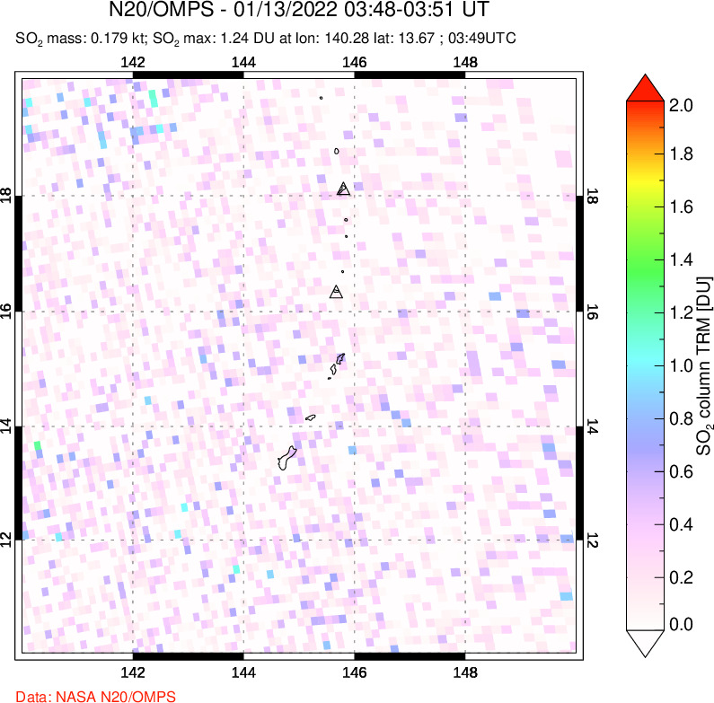 A sulfur dioxide image over Anatahan, Mariana Islands on Jan 13, 2022.