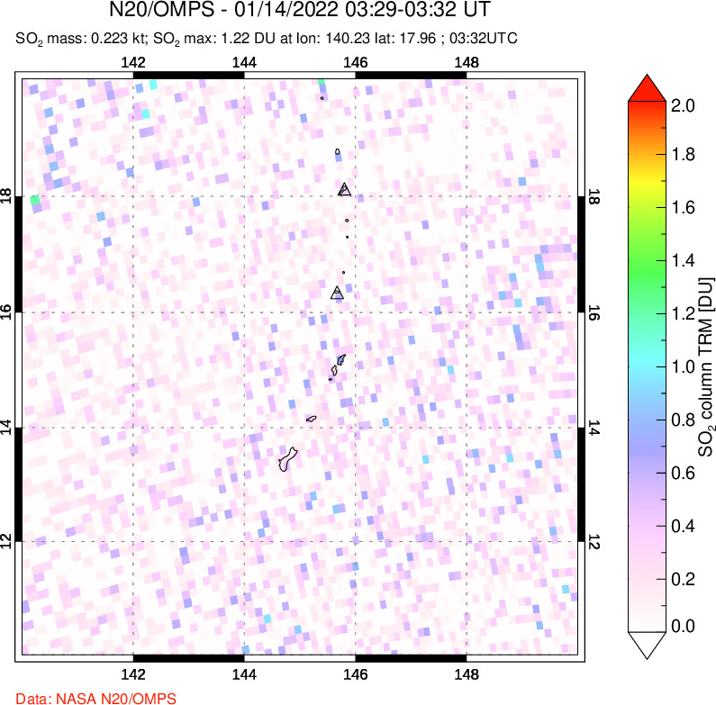 A sulfur dioxide image over Anatahan, Mariana Islands on Jan 14, 2022.