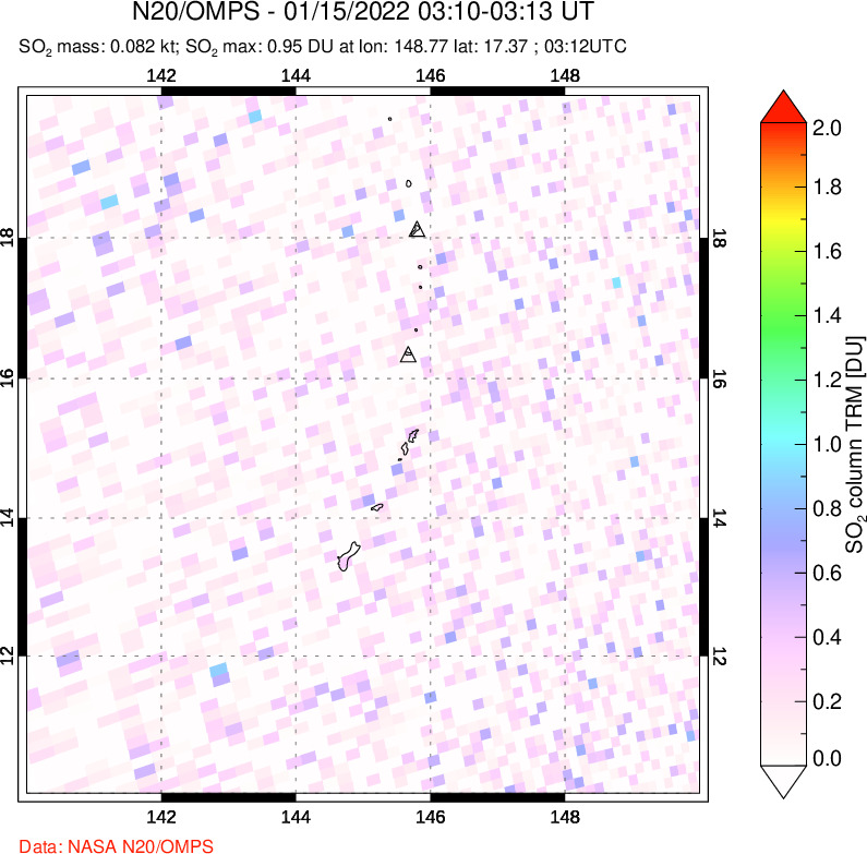 A sulfur dioxide image over Anatahan, Mariana Islands on Jan 15, 2022.