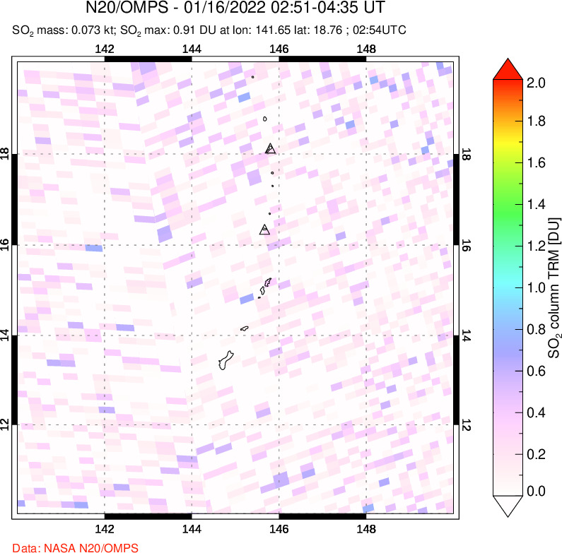 A sulfur dioxide image over Anatahan, Mariana Islands on Jan 16, 2022.