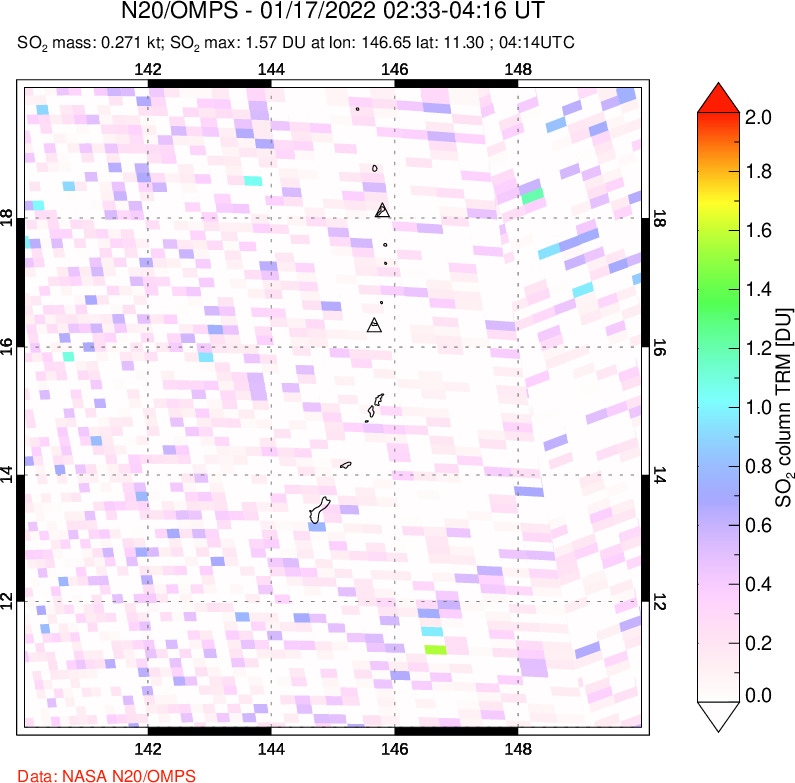 A sulfur dioxide image over Anatahan, Mariana Islands on Jan 17, 2022.