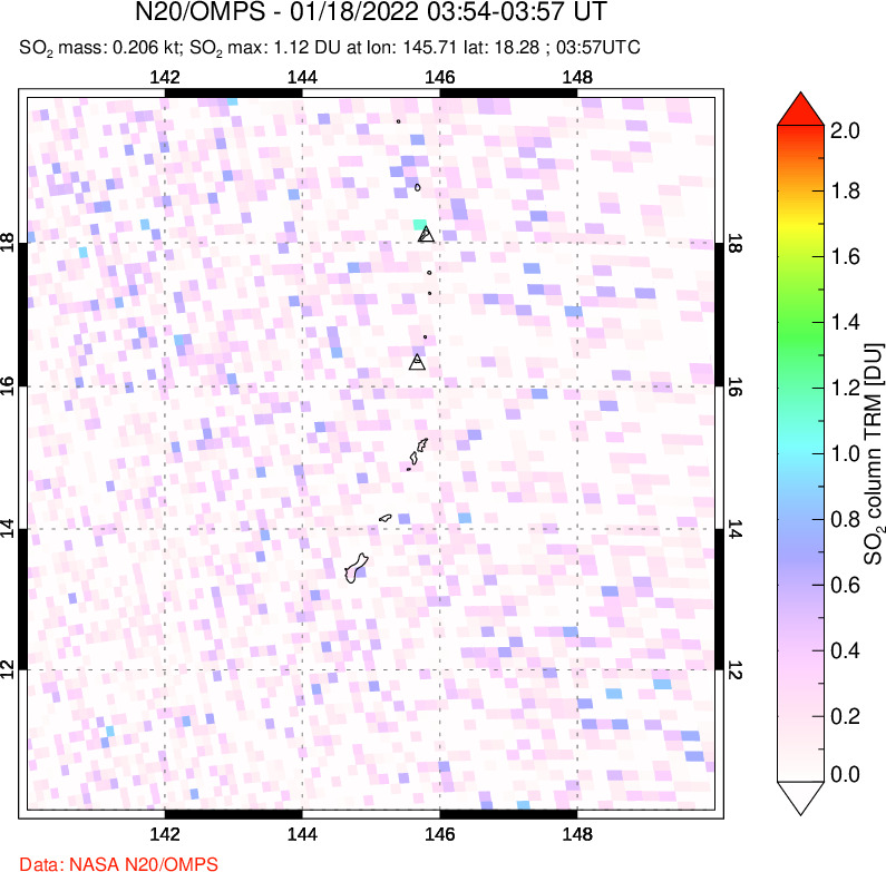 A sulfur dioxide image over Anatahan, Mariana Islands on Jan 18, 2022.