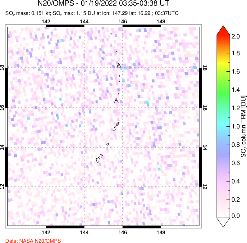 A sulfur dioxide image over Anatahan, Mariana Islands on Jan 19, 2022.