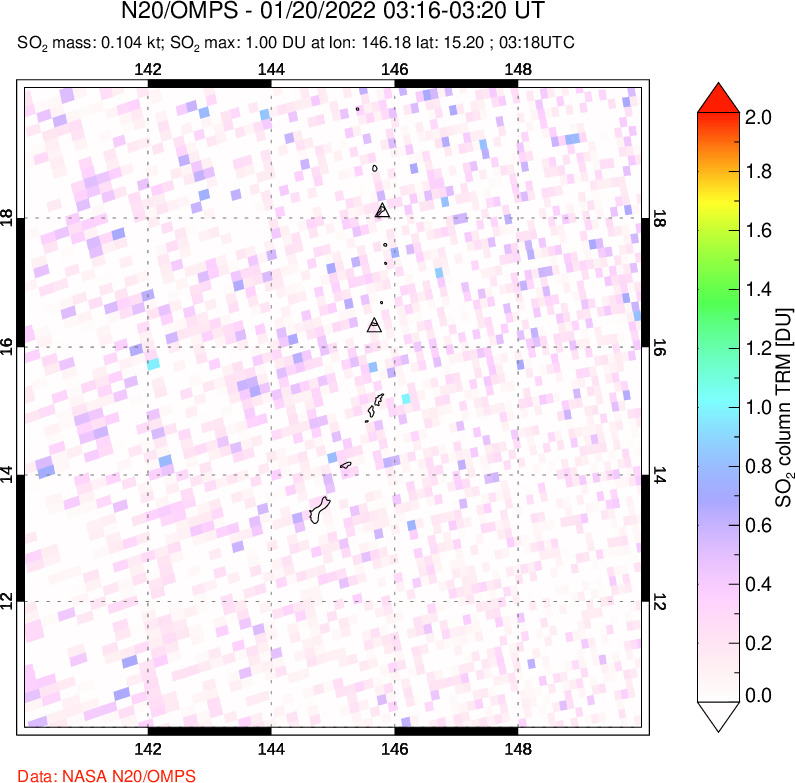 A sulfur dioxide image over Anatahan, Mariana Islands on Jan 20, 2022.