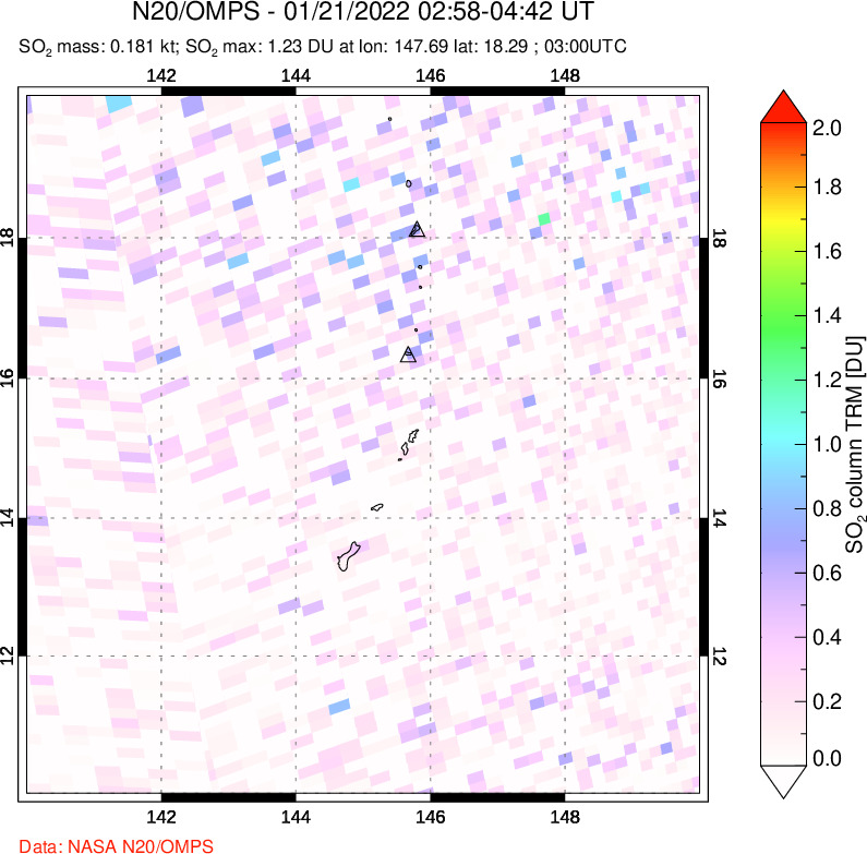 A sulfur dioxide image over Anatahan, Mariana Islands on Jan 21, 2022.