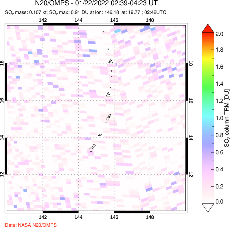 A sulfur dioxide image over Anatahan, Mariana Islands on Jan 22, 2022.