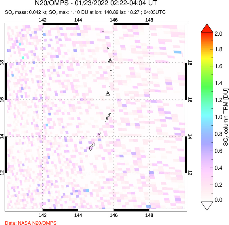 A sulfur dioxide image over Anatahan, Mariana Islands on Jan 23, 2022.