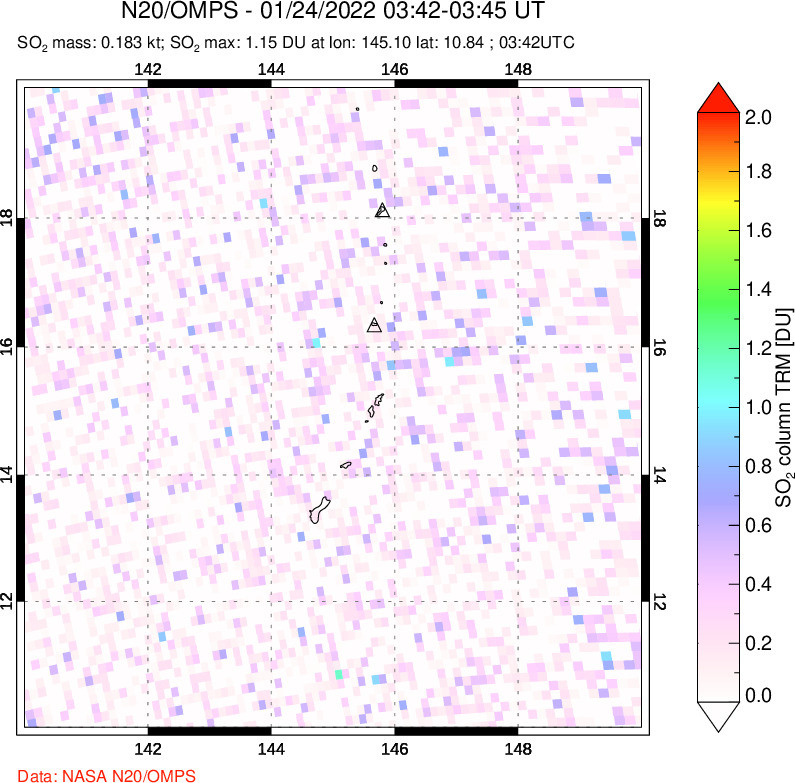 A sulfur dioxide image over Anatahan, Mariana Islands on Jan 24, 2022.