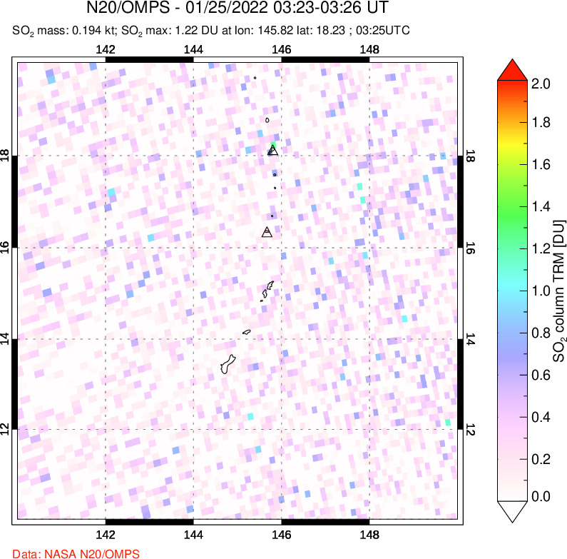 A sulfur dioxide image over Anatahan, Mariana Islands on Jan 25, 2022.