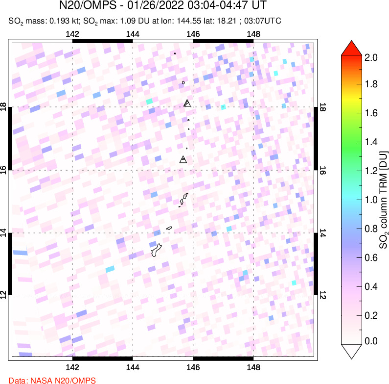 A sulfur dioxide image over Anatahan, Mariana Islands on Jan 26, 2022.