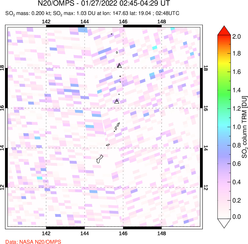 A sulfur dioxide image over Anatahan, Mariana Islands on Jan 27, 2022.