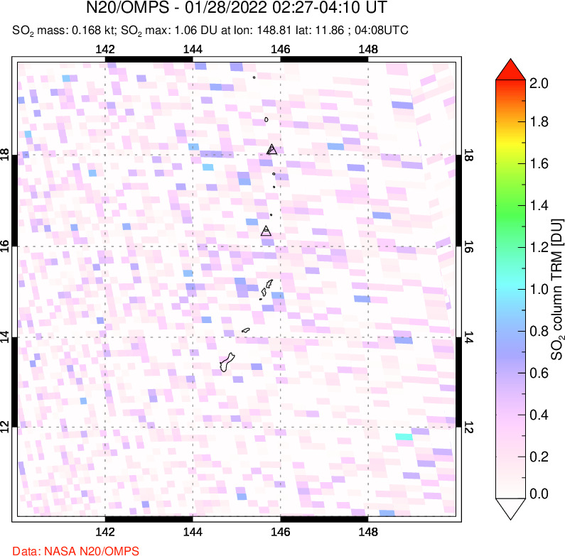 A sulfur dioxide image over Anatahan, Mariana Islands on Jan 28, 2022.