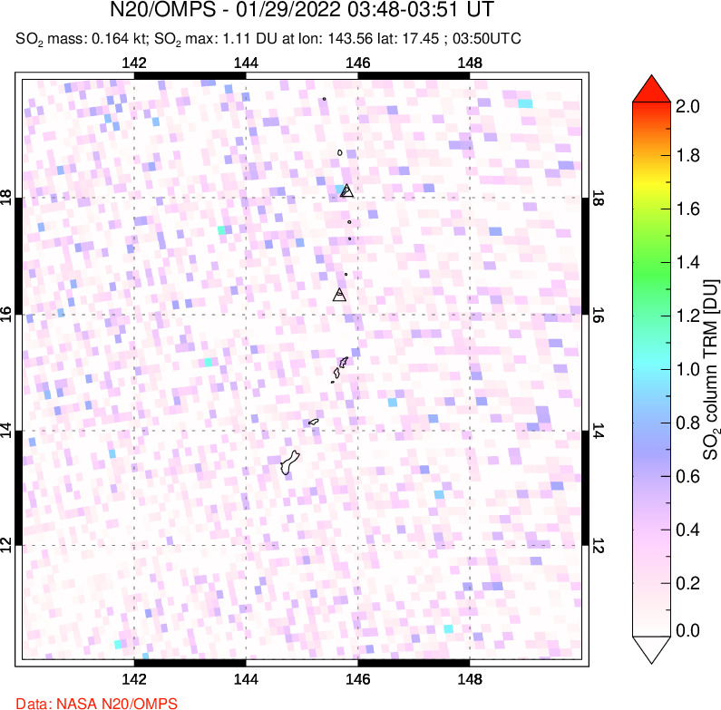 A sulfur dioxide image over Anatahan, Mariana Islands on Jan 29, 2022.