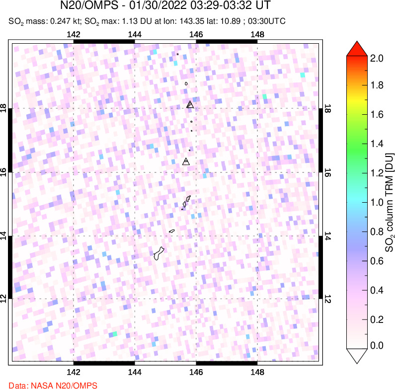 A sulfur dioxide image over Anatahan, Mariana Islands on Jan 30, 2022.