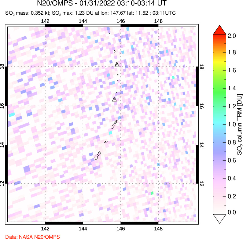 A sulfur dioxide image over Anatahan, Mariana Islands on Jan 31, 2022.