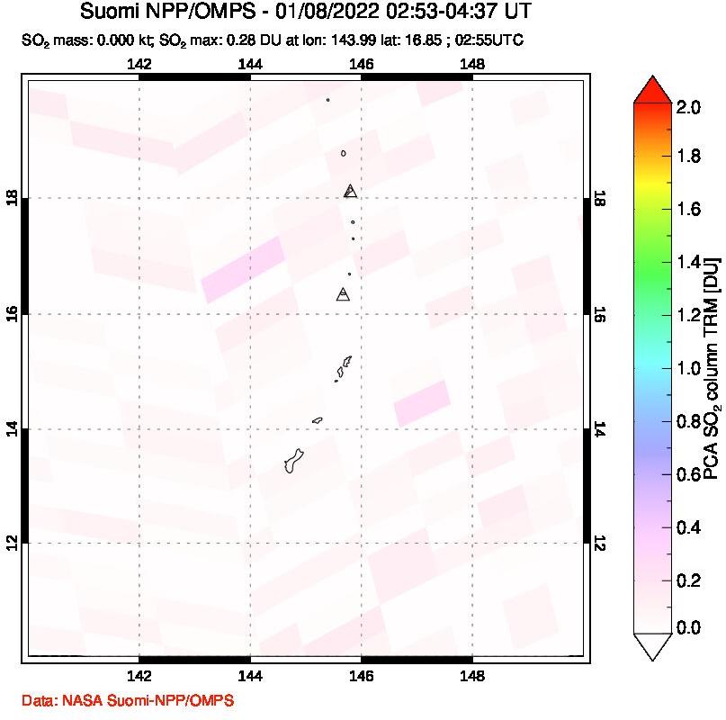 A sulfur dioxide image over Anatahan, Mariana Islands on Jan 08, 2022.