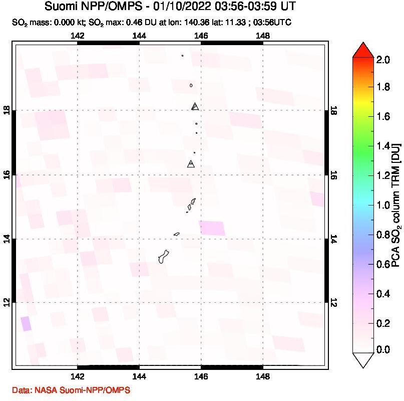 A sulfur dioxide image over Anatahan, Mariana Islands on Jan 10, 2022.