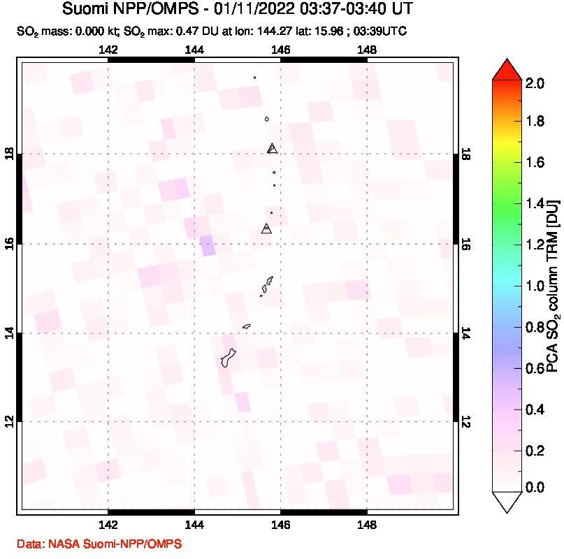 A sulfur dioxide image over Anatahan, Mariana Islands on Jan 11, 2022.