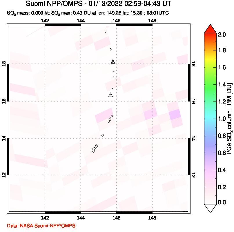 A sulfur dioxide image over Anatahan, Mariana Islands on Jan 13, 2022.