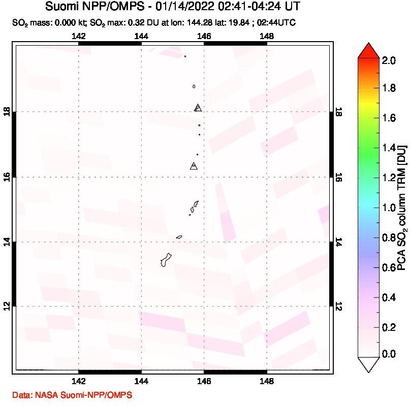 A sulfur dioxide image over Anatahan, Mariana Islands on Jan 14, 2022.