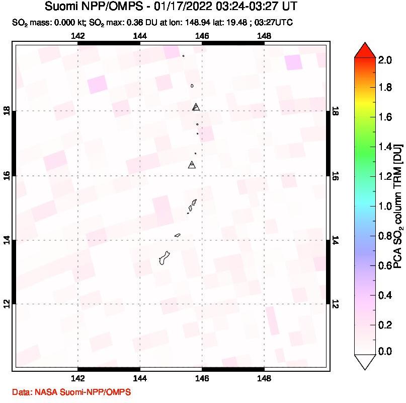 A sulfur dioxide image over Anatahan, Mariana Islands on Jan 17, 2022.