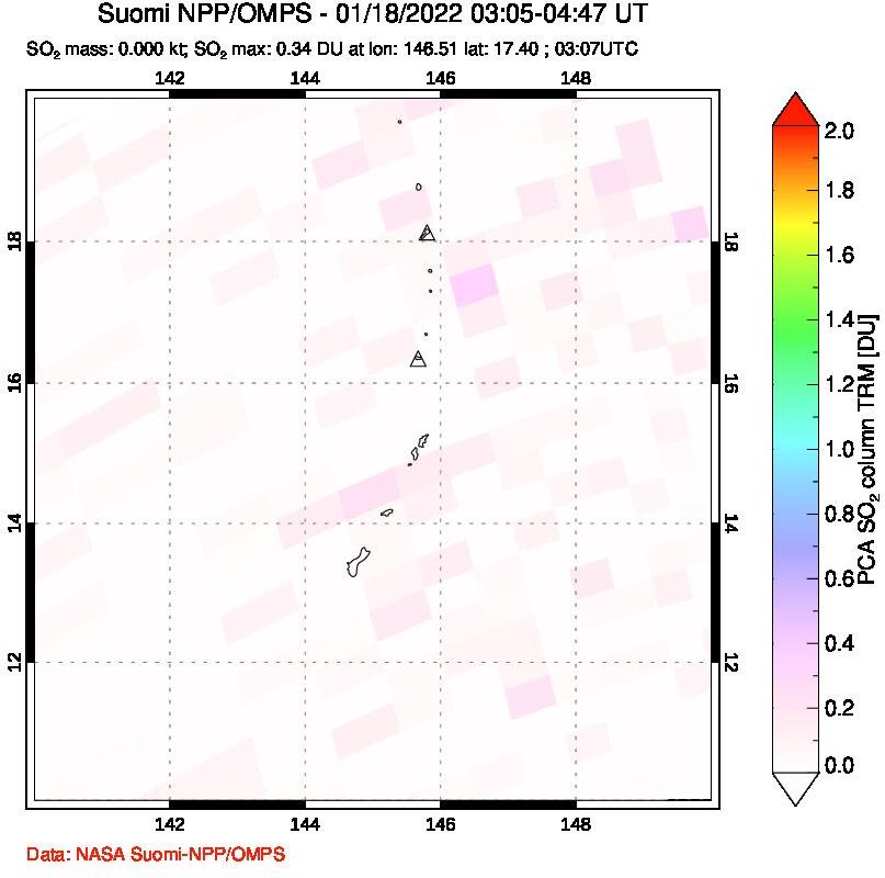 A sulfur dioxide image over Anatahan, Mariana Islands on Jan 18, 2022.