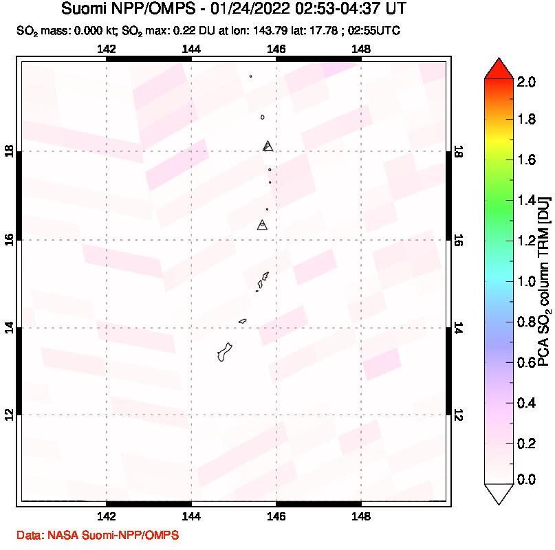 A sulfur dioxide image over Anatahan, Mariana Islands on Jan 24, 2022.