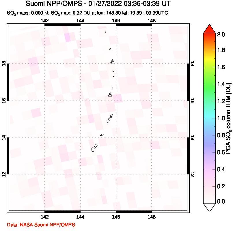 A sulfur dioxide image over Anatahan, Mariana Islands on Jan 27, 2022.