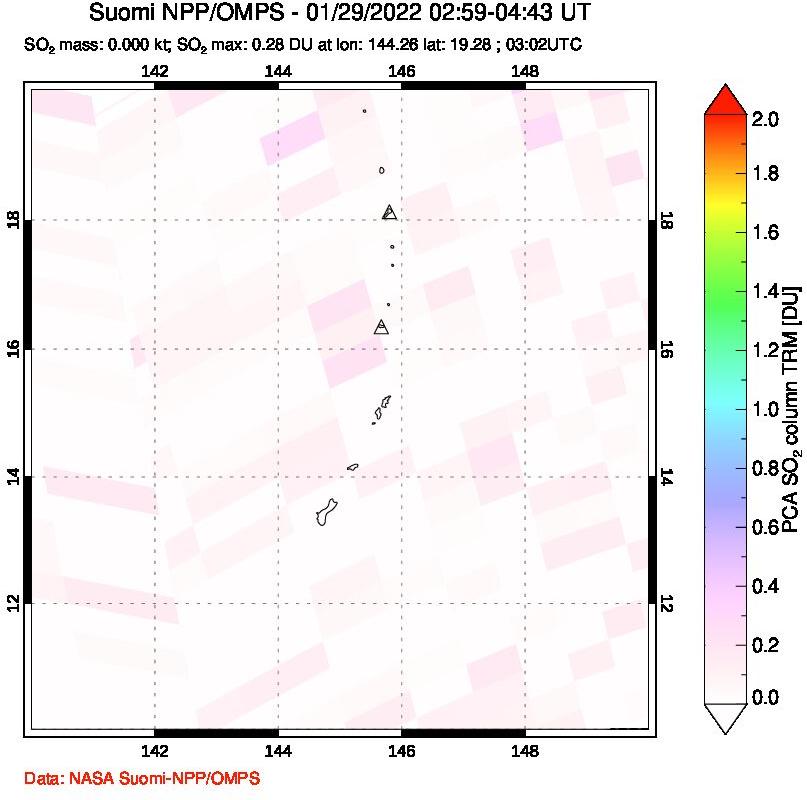 A sulfur dioxide image over Anatahan, Mariana Islands on Jan 29, 2022.